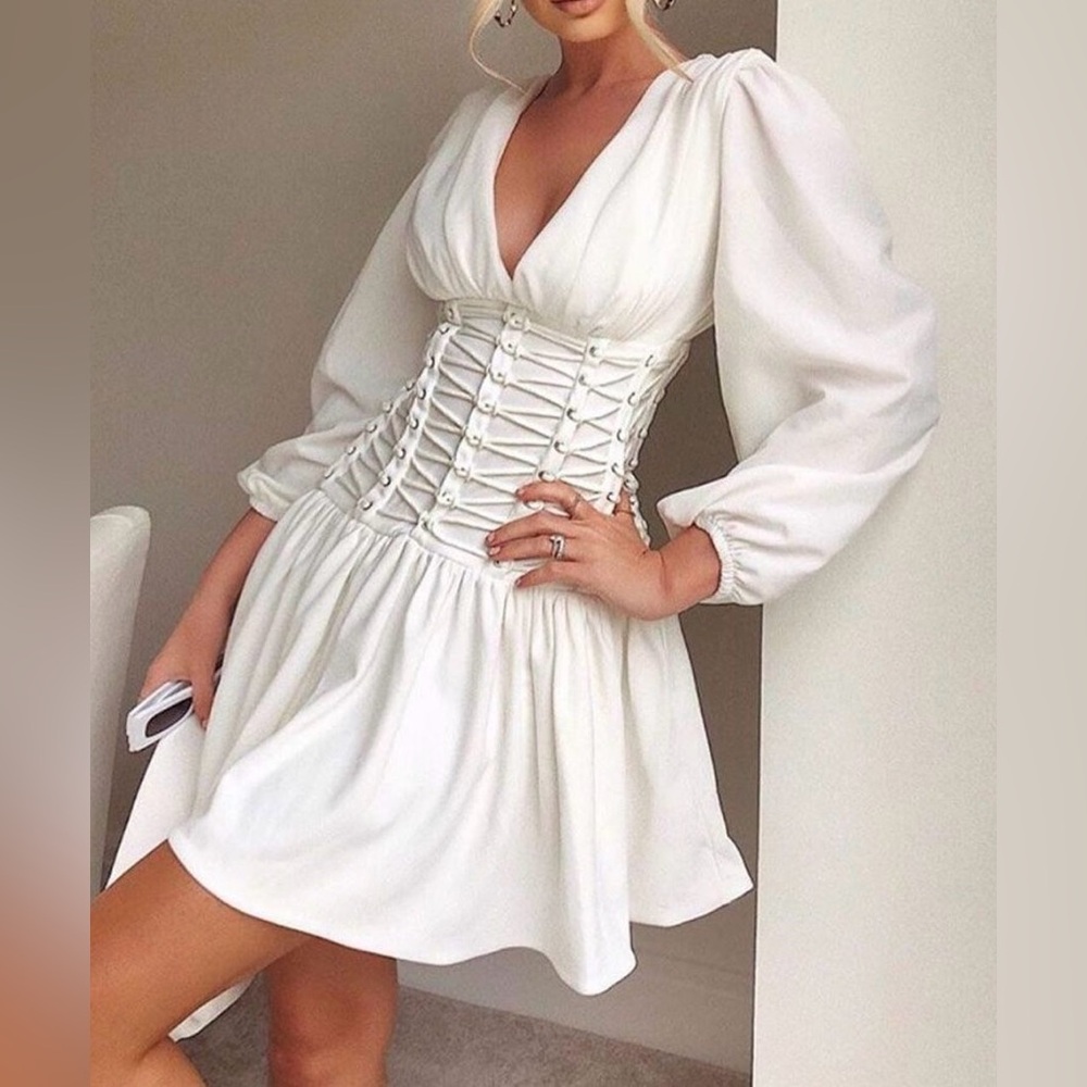 Beulah Style Women’s Belle Long Puff Sleeve Lace Up Corset Waist Mini Dress